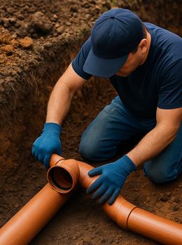 Skilled Plumber Repairing a Sewer Line in Spring